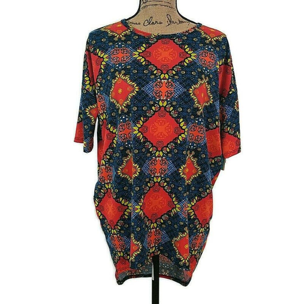 💥5/$25 NWT LulaRoe Womens sz XXS Irma T Shirt Multicolor Geometric Short Sleeve
